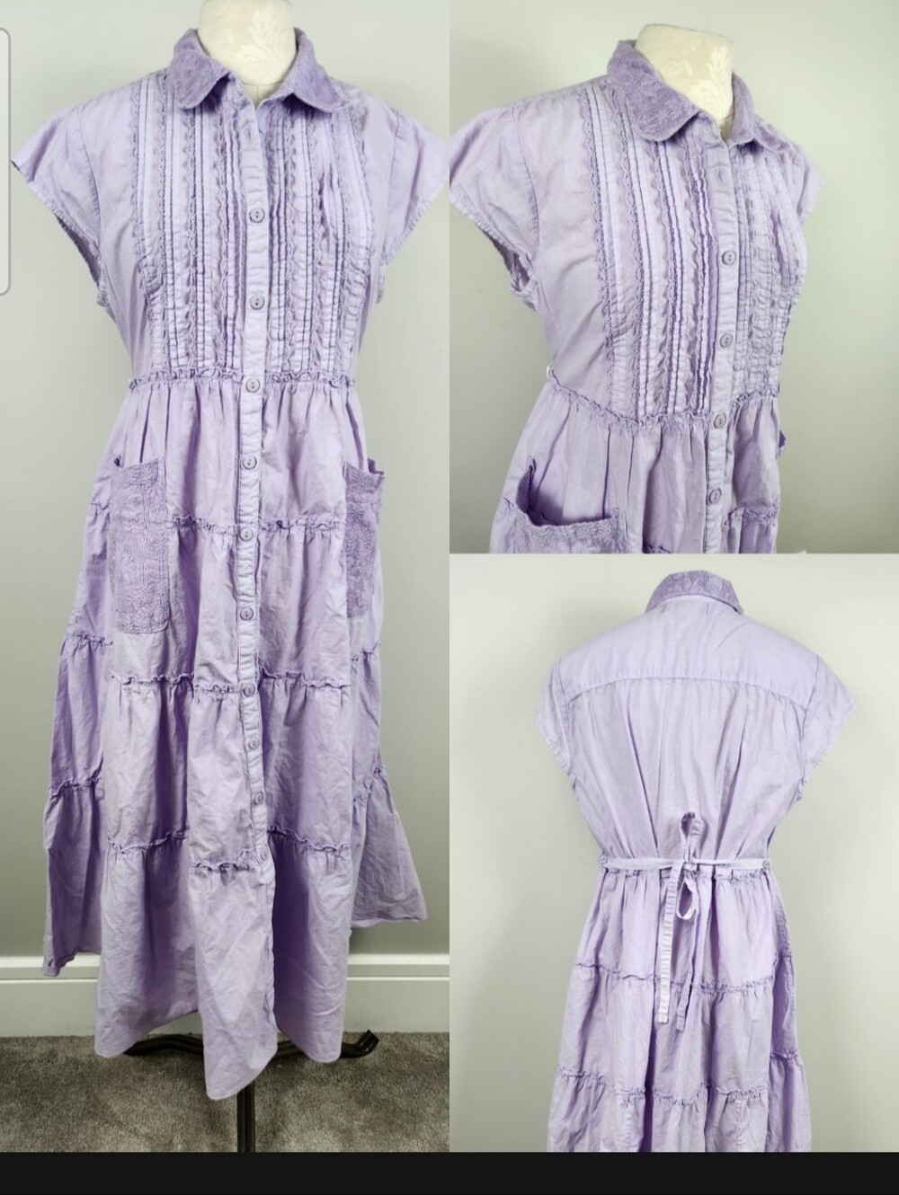 April Cornell 💯 % Cotton Lavander Short Sleeve Midi Shirt Dress Size M Cottage